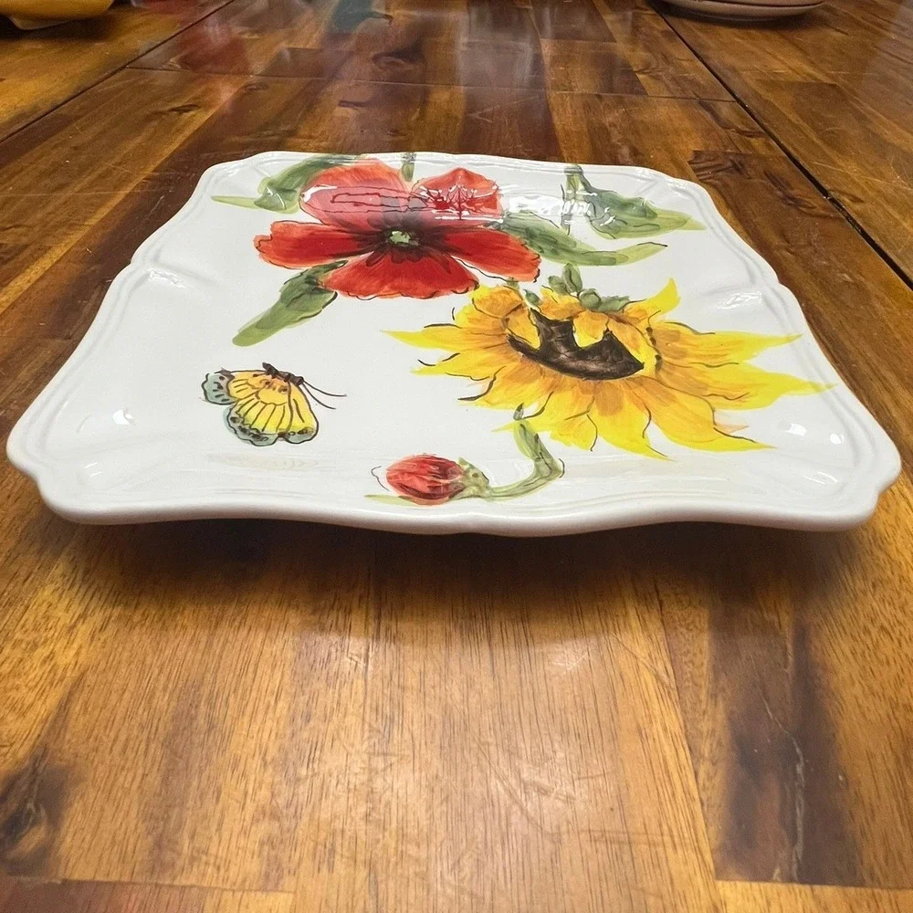Square‎ Plate Home 9in Multicolor Very Good Floral Butterfly Scalloped